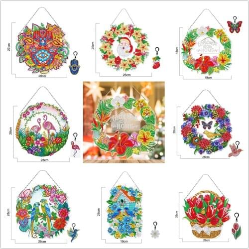 New DIY Special-shaped Drill Diamond Painting Wreath With Led Light And Keychain Pendant Kits Christmas Wall Home Decor Gift