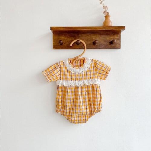 Newborn Baby Girls Clothes Lace Collar Toddler Romper Floral Printed Short Sleeve Summer Infant Jusmpsuit Plaid Princess Cotton