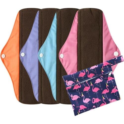 Ohbabyka 4Pcs Set Woman Menstrual Pads Reusable Washable Panty Liner Charcoal Bamboo Layer Sanitary Pads with 1 Cloth Wet Bag