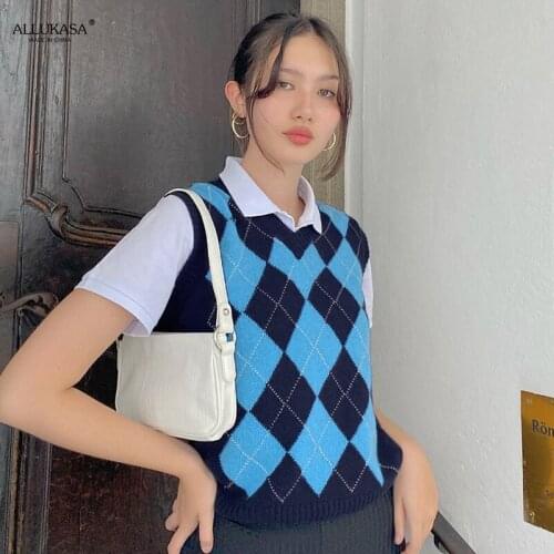 2021 Girls Casual Plaid Sleeveless Sweater Vest Women Jumper Pullover Knitted Vests Women Y2k Preppy Style Crop Female Tops