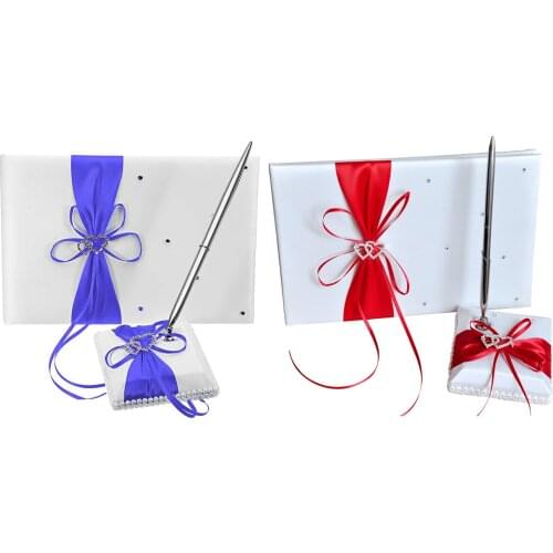 Practical Wedding Guest Book With Pen Holder Sets Satin Bows Signature Book With Diamonds Love Shape For Party Decorations