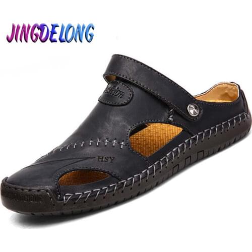 Summer Mens Sandals Genuine Leather Sandals Slides Breathable Rome Male Outdoor Beach Slippers Soft Men Beach Sandals Hot Sale