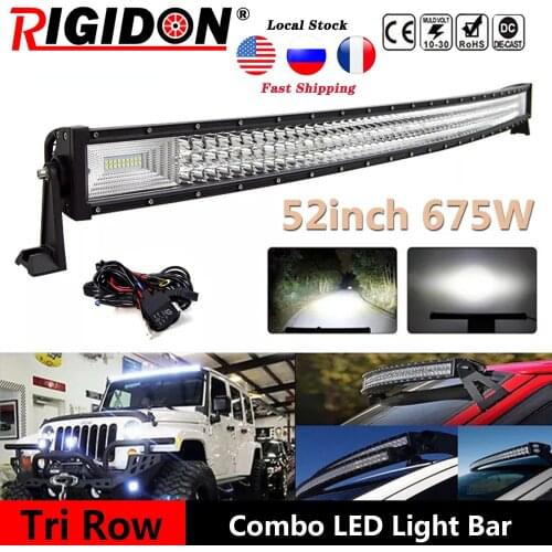 RIGIDON 52inch/675W 7D Tri-Row Curved Led Light Bar Flood Spot Combo Beam for Offroad Boat Truck 4WD SUV ATV With Wiring