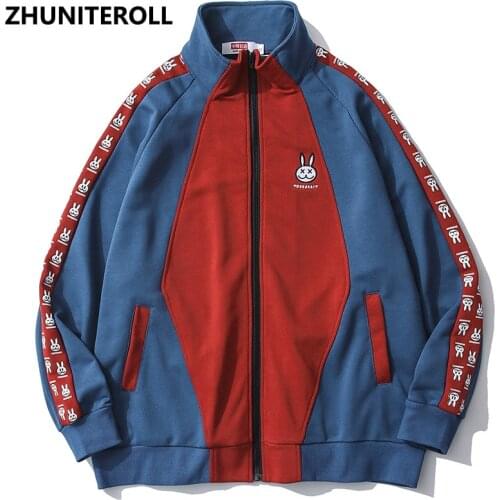 Harajuku Vintage Basebal Jacket Coat Patchwork rabbit Print Windbreaker Jacket Hip Hop Men Track Jacket Coat Streetwear Clothing