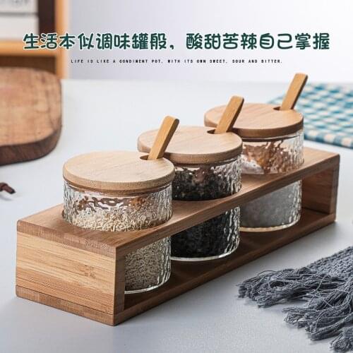 Japanese hammer glass bamboo seasoning box set household kitchen salt pot seasoning bottle can storage box set