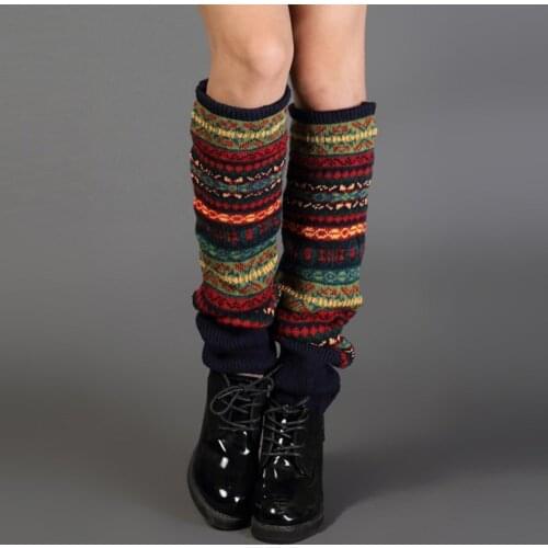 Women Bohemis Crochet Knitted Long Leg Warmers Spring Patchwork Knee High Warm Boot Socks