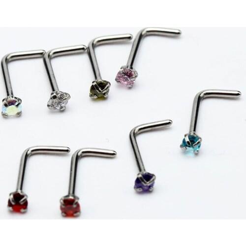 1PC Sexy Nose Rings Piercing Nose Studs Surgical Steel Cubic Zirconia 8 Colors L Shape 20G Body Piercing Jewelry Anti-allergic