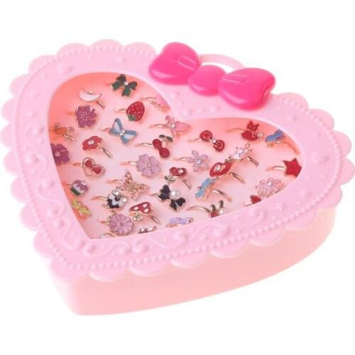 36Pcs Alloy Cartoon Rings with Bow tie box Colorful Lovely Adjustable Jewelry