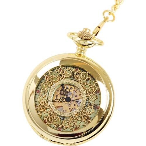 8935 large Gold thick chain dense flower hollow night light pocket watch ancient Roman text mechanical pocket watch 8931