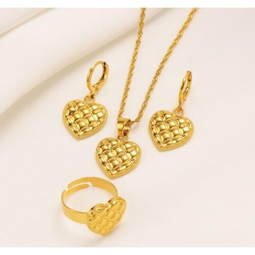 African Jewelry Sets Pendant Necklaces Earrings Women Gold Color heart Chains wedding party gifts PNG