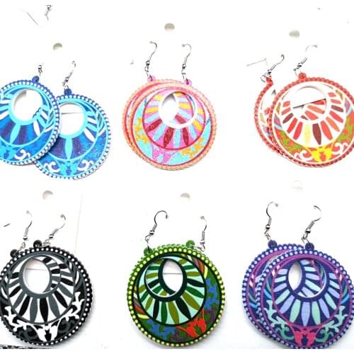 Free Shipping!!Small round printing wooden earrings can mixed 6 colors