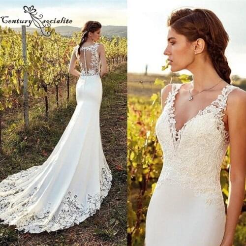 Boho Wedding Dresses Mermaid Bride Dress Lace Appliques V-Neck Illusion Back Plus Size Bridal Gowns for Women Vestido De Noiva