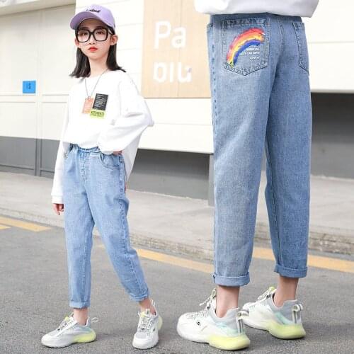 2021 Spring Kids Jeans Pants For Girls Fashion Rainbow Pattern High Quality Korean Casual Style Teenager Trousers 6 8 10 12 14Y