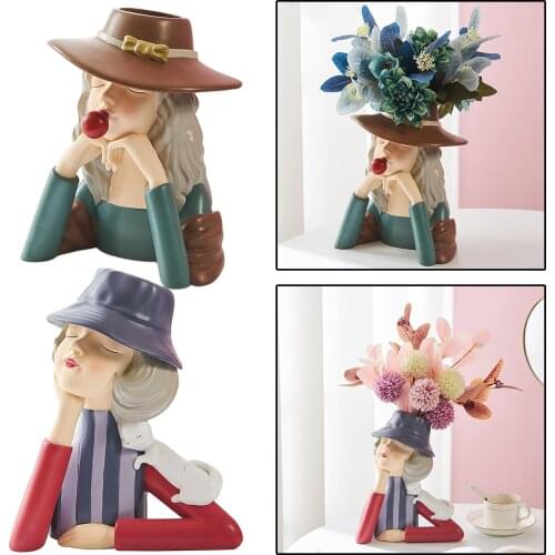 Girl Statue Flower Vase Tabletop Planter Bouquet Ornaments Craft Gift Red