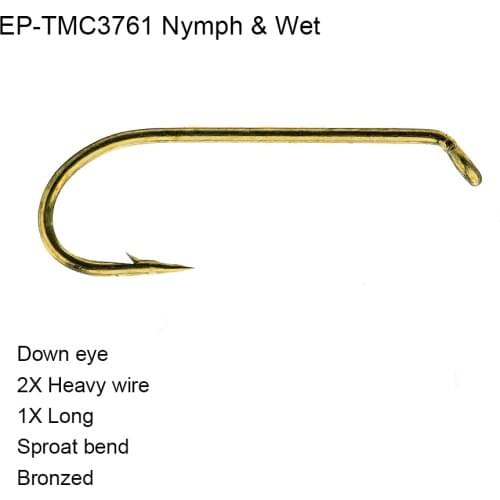Eupheng 100pcs EP-TMC3761 Wet And Nymph Fishing Hook Bronze Color 2X Heavy 1X Long Sproat Bend Quality Fly Fish Hooks L