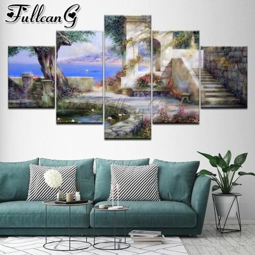 FULLCANG Seaside garden scenery 5 piece diy diamond painting full square round drill mosaic embroidery sale home decor FC3109