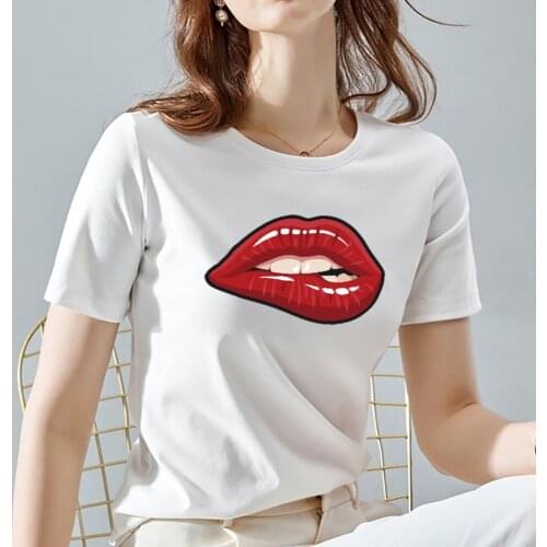 Summer Womens T-shirt Basic All-match Tops Red Mouth Pattern Series T-shirt Womens O-neck White Cotton Ladies Short Sleeve