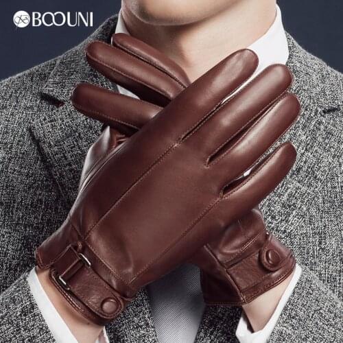 BOOUNI Genuine Leather Men Gloves New Style Five Finger Warm Velvet Fashion Trend Winter Sheepskin Glove For Driving NM938