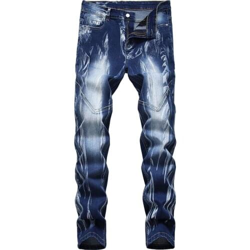 Men Stretch Denim Jeans Slim Straight Bleached Pants Blue Spliced Trousers