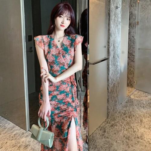 New arrival fashion chiffon wrap dress women elegant summer ruffle print beach temperament office lady slim mermaid dress