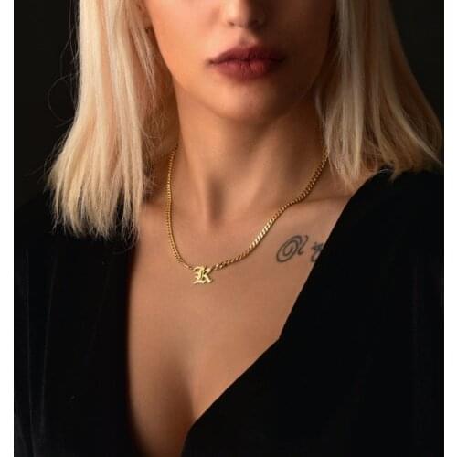 Custom Old English Letters Initial Pendant Necklace Curb Chain Gold Jewelry Personalised Name Choker Stainless Steel Necklaces