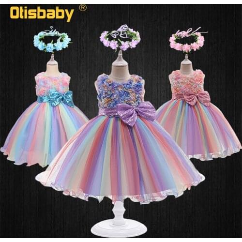 Floral Girls Sequins Butterfiy Knot Rainbow Tulle Princess Dress Infant 1-10 Year Baby Girl Christening Birthday Party Ball Gown