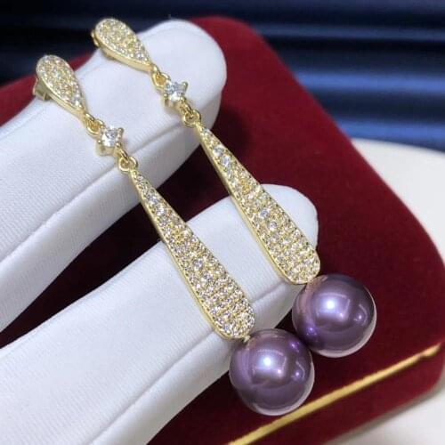 D413 Pearl Earrings Fine Jewelry 925 Sterling Silver Natural 9-10mm Round Fresh Water Purple Pearls Drop Dangle Earrings