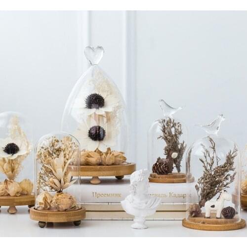 Dried Grass Artificial Flowers Glass Cover Animal Horse Ornaments Desk Decoration Solid Wood Base Nordic Home Decor Modern