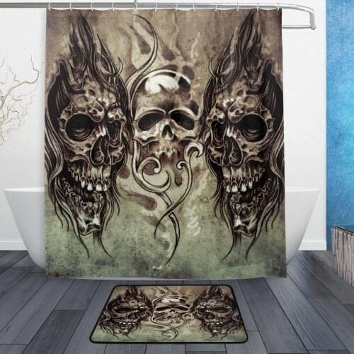 Vintage Sketch of Sugar Skull Waterproof Polyester Fabric Shower Curtain with Hooks Doormat Bath Floor Mat Bathroom Home Decor