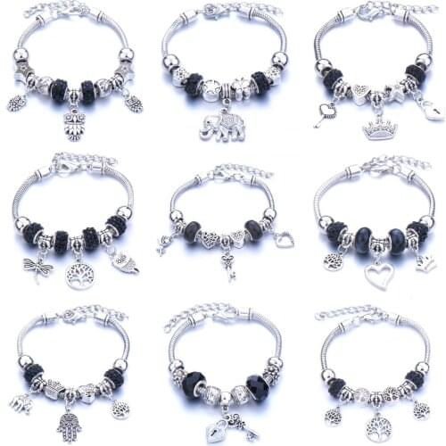 Vintage Black Tree of Life Crown Charm Bracelets for Women Crystal Beads Pandora Bracelets Pulseras Mujer Charms Jewelry