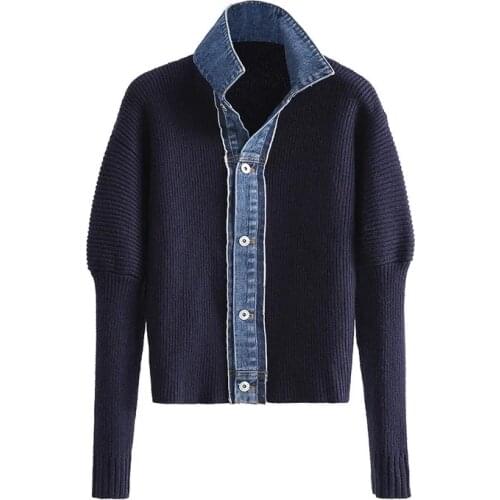 Women New Loose Single Breasted Versatile Sweaters Ladies Long Sleeve Patchwork Denim Tops Cardigan Knitted Sweater