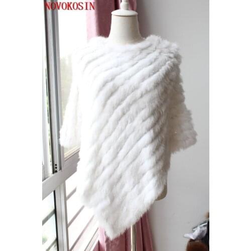 2020 Lady White Black Rabbit Fur Poncho Weave Autumn Winter Shawl Fashion Patchwork Fur Sweater Casual Batwing Sleeves Pullovers