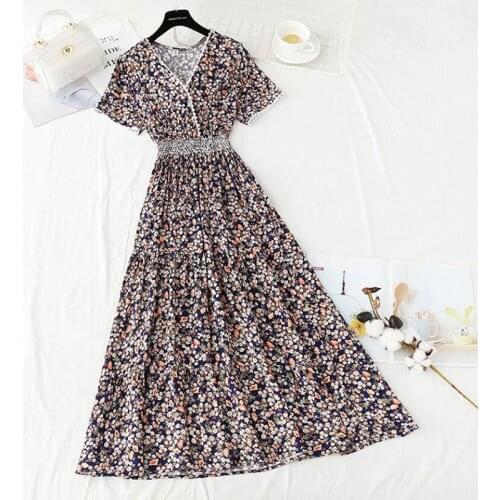 Vintage Casual Cotton Linen Dress Summer Women V-neck Short Sleeve Floral Print Beach Dress High Waist Ladies Long Dress