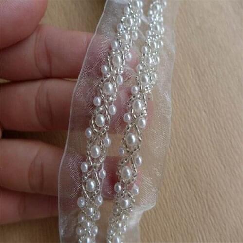 1 Yards Pearl Beaded Lace Trim Tape Lace Ribbon African Lace Fabric Collar Dress Sewing Garment Headdress Materials