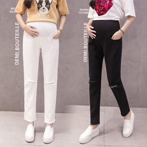 1017# Maternity pants Spring Autumn Maternity Jeans Belly Support Pants Hole Decoration Elastic Waist Maternity Trousers
