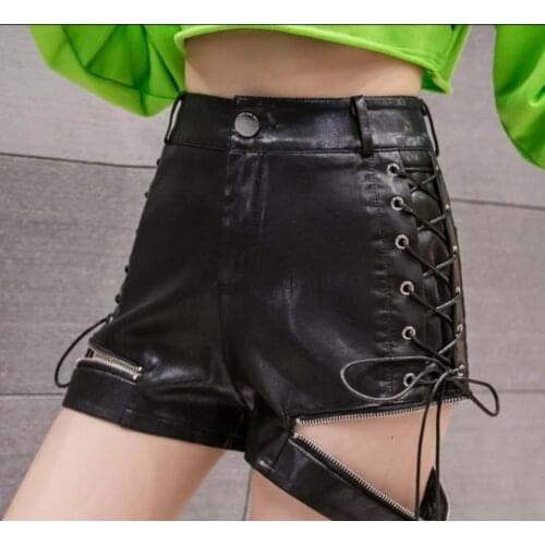 2021 New Womens High Waist Bandage Zipper Pu Leather Shorts