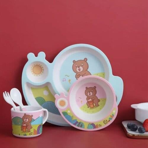 4pcs/Set Baby Bamboo Fiber Cutlery Set Baby Grid Plate Snail Cartoon Pattern Bowl Anti-drop Cutlery Spoon + Fork + Cup + Plate