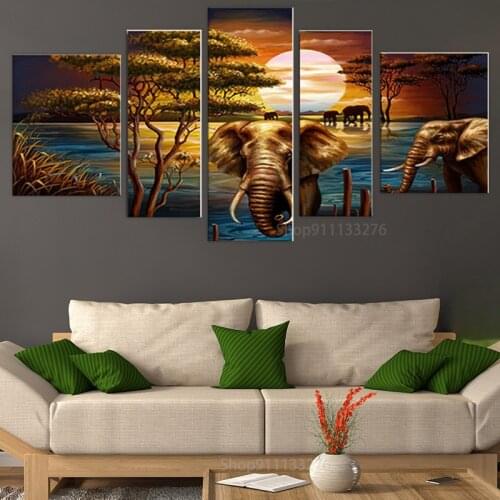 5Pieces Oil Elephant Canvas Painting Poster Art Canvas Wall Prints Art Posters Pictures For Living Room Home Decoration