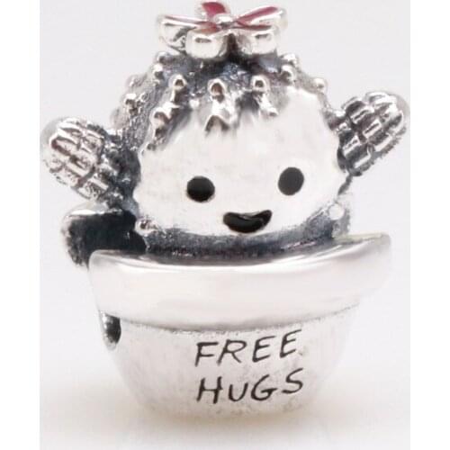 Bewill S925 Sterling Silver New product cute cactus free hugs charm Fit Original Bracelet Women Jewelry DIY Gift