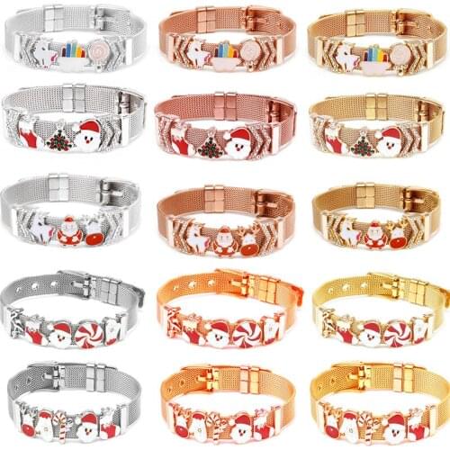 Christmas Style Santa Claus Beads Charm Silver Color Stainless Steel Mesh Bracelets For Men Women Watch Belt Bracelets Bangles