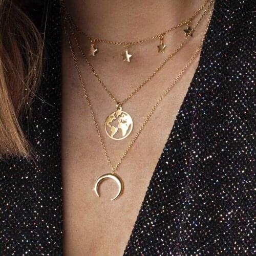 Necklace on neck aesthetic layered one piece Chains Stars and moon map Pendants Jewelry clothing accessories for women Gift
