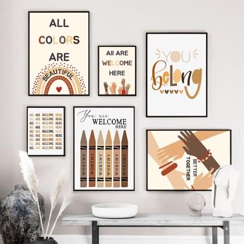 Welcome Kids Hands Prints Poster Motivational Quote Wall Art Diversity Friendship Canvas Painting Brush Classroom Nordic Decor