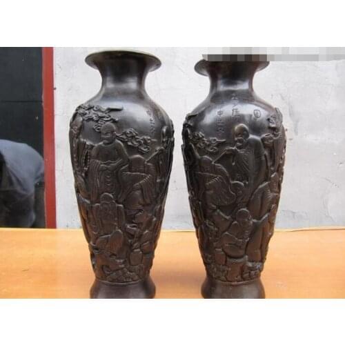 Fast shipping USPS to USA S2652 11" Chinese classical Bronze Copper eighteen aFINEat Buddha statue Vase Pair