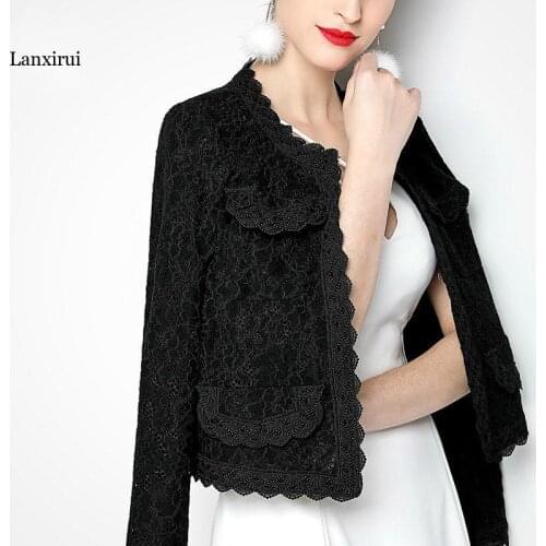 Elegant Women Blazer Long Sleeve Hollow Out Female Jacket Lace Patchwork Office Ladies Outwear Black White Plus Size