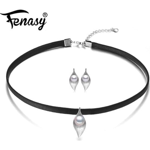 FENASY Pearl Choker Necklace for Women 925 Sterling Silver leaf vintage Freshwater Pearl Pendant Rope Chain fine jewelry