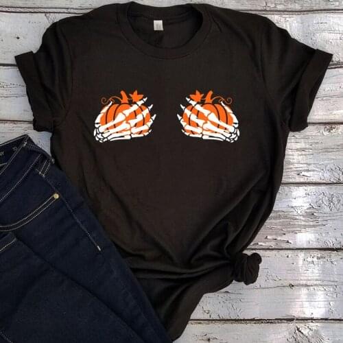 Pumpkin Boobies Graphic T Shirts Skeleton Hands Tshirt Women Aesthetic Funny Halloween Graphic Tees 2021 Thanksgiving L