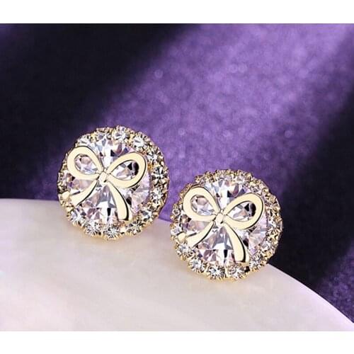 Korean Style Fashion Chic Compact Flash Crystal Bow Earrings Small Sewelry wholesale Fashion Earrings Fashion Crystal Earrings