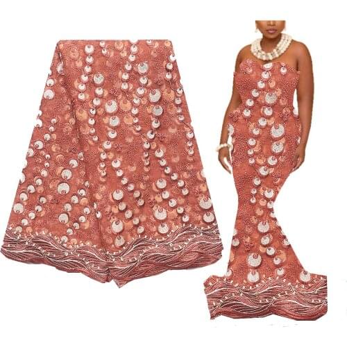 Beaded Burnt Orange Nigeria Lace Fabric for Wedding 2022 Tulle Fabrics Latest Lace Style Gold Cord Net African Swiss Lace Fabric