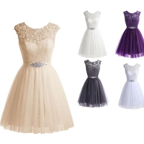 O-Neck Lace Appliques Champagne Maid of Honor Dresses Pleated Tulle Short Bridesmaid Gowns Beaded Formal Party Robes