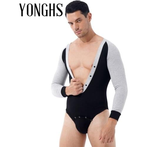 Mens Deep V Neck Long Sleeve Button Down Leotard Jumpsuit Sexy Lingerie Catsuit Contrast Color Leotard Slim Fit Romper Bodycon